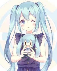 Rule 34 | 1girl, :d, alc (ex2 lv), aqua eyes, aqua hair, bad id, bad pixiv id, blush, character doll, doll, dot nose, frilled sleeves, frills, hair ribbon, hatsune miku, holding, long hair, looking at viewer, one eye closed, open mouth, ribbon, short sleeves, smile, solo, twintails, upper body, very long hair, vocaloid, | |, || ||