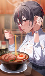 Rule 34 | 1girl, absurdres, amahara subaru, black hair, blush, braid, breasts, bursting breasts, button gap, chopsticks, collared shirt, commentary request, cup, ear piercing, eating, food, hair between eyes, tucking hair, hardboiled egg, highres, holding, holding chopsticks, large breasts, long sleeves, multicolored hair, noodles, nori (seaweed), open mouth, original, piercing, ramen, red eyes, red hair, shirt, solo, streaked hair, sweat, two-tone hair, watch, white shirt, wristwatch