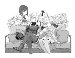 Rule 34 | 6+girls, ?, ark royal (kancolle), bismarck (kancolle), bob cut, boots, braid, breasts, cigarette, closed eyes, commentary request, couch, crossed legs, crown, dress, fingerless gloves, french braid, gloves, greyscale, hairband, hat, unworn hat, unworn headwear, janus (kancolle), jervis (kancolle), jewelry, kantai collection, large breasts, long hair, medium breasts, mini crown, monochrome, mouth hold, multiple girls, necklace, nelson (kancolle), off-shoulder dress, off shoulder, sheffield (kancolle), short hair, simple background, sitting, smoke, smoking, thighhighs, tiara, victorious (kancolle), warspite (kancolle), weidashming