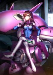 Rule 34 | 1girl, acronym, arm cannon, armor, bad id, bad pixiv id, bodysuit, boots, bracer, breasts, breasts apart, brown eyes, brown hair, character name, charm (object), chestnut mouth, clothes writing, covered navel, crossed legs, d.va (overwatch), eyebrows, eyelashes, facepaint, facial mark, gatling gun, gloves, gun, hand up, handgun, headphones, highres, holding, holding gun, holding weapon, long hair, long sleeves, looking at viewer, matching hair/eyes, meaomao, mecha, medium breasts, meka (overwatch), overwatch, overwatch 1, pauldrons, pilot suit, ribbed bodysuit, robot, shoulder armor, shoulder pads, sitting, skin tight, solo, thigh boots, thigh strap, thighhighs, turtleneck, weapon, whisker markings, white footwear, white gloves