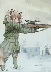 Rule 34 | 1girl, absurdres, aiming, animal ears, battle rifle, black gloves, brown eyes, brown hair, camouflage, fox ears, fox girl, fox girl (yihan1949), fox tail, fur-trimmed jacket, fur trim, gloves, green jacket, green pants, gun, highres, jacket, m14, original, pants, rifle, scope, snow, solo, standing, tail, weapon, woodland camouflage, yihan1949, yihan world