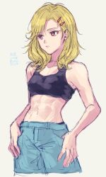 Rule 34 | 1other, 24mbb, alternate costume, alternate hairstyle, antenna hair, blonde hair, gnosia, hair between eyes, hair ornament, hairclip, highres, other focus, red eyes, setsu (gnosia), short hair, shorts, simple background, solo, sports bra, translation request, white background