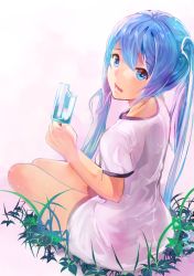 Rule 34 | 00s, 1girl, aqua eyes, aqua hair, food, from behind, grass, hatsune miku, long hair, looking back, matching hair/eyes, mebin, popsicle, revision, sitting, solo, twintails, vocaloid