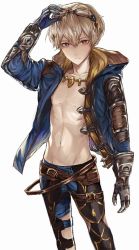 Rule 34 | 1boy, alternate costume, asanokoc, bad id, bad pixiv id, bare pectorals, belt, blonde hair, cosplay, fire emblem, fire emblem fates, gloves, goggles, goggles on head, granblue fantasy, highres, hood, hood down, jewelry, joel (granblue fantasy), joel (granblue fantasy) (cosplay), leo (fire emblem), male focus, navel, necklace, nintendo, open clothes, open shirt, pectorals, red eyes, shirt, topless male, simple background, solo, upper body, white background