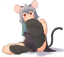 Rule 34 | 1girl, ahoge, animal ears, black socks, blue capelet, capelet, feet, foot focus, foreshortening, from below, greenpiecerice, grey hair, hair between eyes, highres, leg up, mouse ears, mouse girl, mouse tail, narrowed eyes, nazrin, no nose, red eyes, sitting, socks, soles, solo, sweat, sweatdrop, tail, touhou, variant set, white background