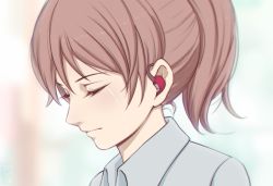 Rule 34 | 10s, 1girl, blurry, blurry background, brown hair, closed eyes, closed mouth, collared shirt, crying, deaf, disability, eyelashes, from side, grey shirt, headphones, hearing aid, koe no katachi, miura-n315, nishimiya shouko, nose, ponytail, portrait, profile, shirt, short hair, solo, streaming tears, tears, upper body, wing collar