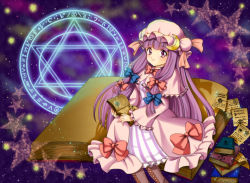 Rule 34 | 1girl, blush, book, boots, bow, crescent, dress, female focus, gradient background, hair bow, hat, hexagram, long hair, magic circle, mikiky, notes, patchouli knowledge, pentagram, purple eyes, purple hair, sitting, smile, solo, star (symbol), touhou