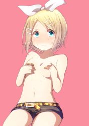Rule 34 | 1girl, bandaid, bandaids on nipples, blonde hair, blue eyes, blush, breasts, cowboy shot, hair ornament, hair ribbon, hairclip, hands on own chest, harusawa, kagamine rin, navel, pasties, pink background, ribbon, short hair, shorts, simple background, small breasts, solo, stomach, sweat, topless, vocaloid