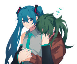 Rule 34 | 2girls, aqua nails, aqua necktie, aqua trim, arm at side, bare shoulders, black nails, black sleeves, blue eyes, blue hair, brown shirt, closed mouth, collared shirt, detached sleeves, dual persona, ear piercing, green hair, grey shirt, hair between eyes, hatsune miku, highres, hug, hug from behind, long hair, long sleeves, looking at another, medium hair, multiple girls, nail polish, necktie, piercing, red pupils, shirt, sleeveless, sleeveless shirt, smile, suna no wakusei (vocaloid), twintails, upper body, vocaloid, white background, ximuye, zzz