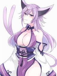 Rule 34 | 1girl, animal ears, asame21, bad id, bad pixiv id, blue eyes, breasts, cleavage, creatures (company), espeon, game freak, gen 2 pokemon, highres, japanese clothes, large breasts, long hair, nintendo, personification, pokemon, purple eyes, smile, solo, standing, tail