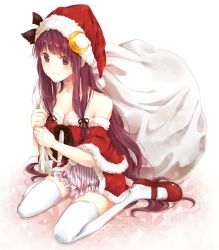 Rule 34 | 1girl, 817nono, bare shoulders, breasts, cleavage, crescent, dress, female focus, hat, long hair, mary janes, nonomiya (817nono), patchouli knowledge, purple eyes, purple hair, sack, santa hat, shoes, sitting, smile, solo, thighhighs, touhou, very long hair, wariza, white thighhighs