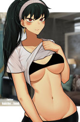 Rule 34 | 1girl, absurdres, black bra, black hair, black legwear, blouse, bra, breasts, closed mouth, clothes lift, earrings, groin, hairband, highres, jewelry, kaichu land, lifting own clothes, looking at viewer, medium breasts, navel, ponytail, shirt, shirt lift, short sleeves, smile, sportswear, spy x family, twitter username, underboob, underwear, upper body, white hairband, white shirt, yor briar