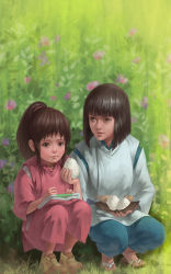 Rule 34 | 00s, 1boy, 1girl, aged down, alternate hair color, black hair, blunt bangs, brown eyes, brown hair, bush, child, closed mouth, dannis, day, flower, food, frown, full body, giving, grass, green eyes, hair tie, hakama, hakama pants, haku, hands on lap, high ponytail, highres, holding, holding food, japanese clothes, legs together, lips, nature, nose, ogino chihiro, onigiri, outdoors, pants, parted lips, plant, ponytail, realistic, red hakama, rice, sad, sandals, sen to chihiro no kamikakushi, shoes, short hair, side-by-side, sneakers, squatting, studio ghibli