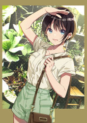 Rule 34 | 1girl, :d, arm up, bag, belt buckle, blue eyes, blush, border, breast pocket, brown border, brown hair, buckle, chair, collarbone, collared shirt, cowboy shot, earrings, fang, green shorts, grey shirt, hand on forehead, handbag, highres, jewelry, looking at viewer, mosuko, open mouth, original, outside border, photo background, plant, pocket, shirt, short hair, short sleeves, shorts, shoulder bag, smile, solo, table