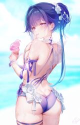 Rule 34 | 1girl, :p, absurdres, ass, ass focus, bikini, blurry, blurry background, bracelet, breasts, butt crack, closed mouth, cowboy shot, flower, from behind, hair flower, hair intakes, hair ornament, hand up, highres, holding, holding ice cream cone, honkai (series), honkai impact 3rd, ice cream cone, jewelry, kagefumi, large breasts, legs together, long bangs, long hair, looking at viewer, median furrow, mismatched bikini, pink eyes, ponytail, purple bikini, raiden mei, raiden mei (herrscher of origin), sideboob, sidelocks, signature, skindentation, smile, solo, swimsuit, thick thighs, thighs, tongue, tongue out, wet, white bikini, white flower