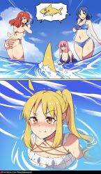 Rule 34 | &gt; &lt;, 4girls, :t, ahoge, angry, ass, back, bikini, blonde hair, blue bikini, blue eyes, blue hair, blue sky, blush, bocchi the rock!, breasts, cleavage, closed mouth, cloud, collarbone, comic, commentary, english commentary, flying sweatdrops, full-face blush, gotoh hitori, hair between eyes, halterneck, highres, hinghoi, ijichi nijika, kita ikuyo, large breasts, long hair, looking at another, medium breasts, mole, mole under eye, multiple girls, ocean, open mouth, outdoors, parted bangs, pink hair, ponytail, pout, red hair, ripples, scared, shaded face, shark, shiny skin, short hair, side ponytail, sky, speech bubble, striped bikini, striped clothes, swimming, swimsuit, tearing up, tears, thighs, trembling, v-shaped eyebrows, wet, white bikini, yamada ryo, yellow eyes