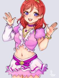 Rule 34 | 1girl, amint, artist name, artist request, belt, blush, bracelet, collarbone, dress, female focus, hair between eyes, jewelry, looking at viewer, love live!, love live! school idol project, midriff, music s.t.a.r.t!!, navel, necklace, nishikino maki, parted lips, pink dress, pink skirt, puffy short sleeves, puffy sleeves, purple eyes, red hair, scrunchie, short hair, short sleeves, skirt, smile, solo, swept bangs, tiara, white skirt, yellow scrunchie