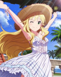 Rule 34 | 10s, 1girl, ;3, armpits, arms up, artist request, blonde hair, bracelet, dress, earrings, green eyes, hat, hoshii miki, idolmaster, idolmaster (classic), idolmaster million live!, jewelry, long hair, o/, official art, one eye closed, outstretched arms, sun hat, wink