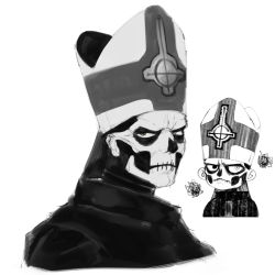 Rule 34 | 1boy, black robe, chibi, chibi inset, cropped torso, erumil, facepaint, ghost (band), glaring, hat, highres, logo, looking at viewer, male focus, mitre, papa emeritus ii, robe, scribble, simple background, skull print, solo, upper body, white background