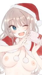 Rule 34 | 1girl, blue eyes, blush, box, breasts, brown hair, cape, gift, gift box, hat, highres, looking at viewer, medium breasts, nagami yuu, naked cape, nipples, one eye closed, open mouth, santa hat, smile, solo