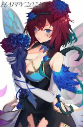 Rule 34 | 1girl, 2023, absurdres, bare shoulders, black dress, blue eyes, blue flower, blue rose, blush, bouquet, breasts, cleavage, commentary, commission, dress, e buki, elbow gloves, english commentary, english text, facial mark, fairy wings, fire emblem, fire emblem heroes, flower, gloves, hair flower, hair ornament, hair vines, highres, holding, holding bouquet, large breasts, looking at viewer, nintendo, official alternate costume, plant, red hair, rose, short hair, sleeveless, sleeveless dress, solo, triandra (fire emblem), triandra (reverent dream) (fire emblem), vines, white gloves, wings