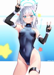Rule 34 | 1girl, aekun cben, animal ear fluff, animal ears, arm up, armpits, artist name, bare shoulders, black gloves, blue archive, blue eyes, breasts, breasts apart, closed mouth, commentary request, cosplay, covered navel, double v, elbow gloves, fingerless gloves, gloves, grey hair, hair ornament, halo, hands up, highleg, highleg leotard, highres, leotard, looking at viewer, medium hair, shiroko (blue archive), simple background, sleeveless turtleneck leotard, small breasts, smile, solo, star (symbol), thigh strap, toki (blue archive), toki (blue archive) (cosplay), tongue, tongue out, two-tone background, two-tone leotard, v, x hair ornament