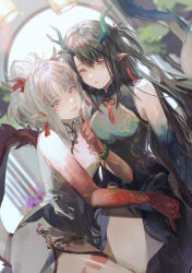 Rule 34 | 2girls, :p, arknights, arm tattoo, black hair, china dress, chinese clothes, colored skin, cowboy shot, dragon girl, dragon horns, dragon tail, dress, dusk (arknights), dusk (everything is a miracle) (arknights), dutch angle, earrings, green dress, green hair, green skin, hanging light, highres, horns, indoors, jewelry, leg tattoo, long hair, looking at viewer, multicolored hair, multiple girls, neck ribbon, nian (arknights), official alternate costume, open mouth, pink eyes, pointy ears, red hair, red ribbon, red skin, ribbon, siblings, sisters, sleeveless, sleeveless dress, streaked hair, tail, tassel, tassel earrings, tattoo, tharsis (392724022), tongue, tongue out, white dress, white hair, yellow eyes