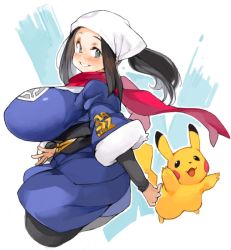 Rule 34 | 1girl, akari (pokemon), alternate breast size, black undershirt, blue hair, breasts, creatures (company), floating scarf, galaxy expedition team survey corps uniform, game freak, gen 1 pokemon, head scarf, huge breasts, nintendo, pikachu, pokemon, pokemon (creature), pokemon legends: arceus, red scarf, sachito, scarf, simple background, tail, white background
