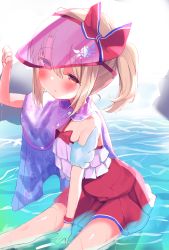 Rule 34 | 1girl, absurdres, arm support, bad id, bad pixiv id, bare shoulders, between legs, blonde hair, blush, bow, closed mouth, commentary request, dress swimsuit, fate/grand order, fate (series), hair between eyes, hand between legs, hand up, hat, highres, illyasviel von einzbern, illyasviel von einzbern (swimsuit archer), illyasviel von einzbern (swimsuit archer) (second ascension), one-piece swimsuit, pink hat, red bow, red eyes, red one-piece swimsuit, shallow water, sidelocks, sitting, solo, swimsuit, twintails, visor cap, water, yinpa (wanone500511)