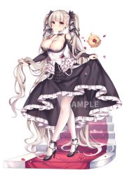 Rule 34 | absurdly long hair, animal, azur lane, bad id, bad pixiv id, bird, black bow, black dress, black footwear, black nails, blush, bow, breasts, bridal gauntlets, chick, chuor (chuochuoi), cleavage, closed mouth, commentary request, dress, earrings, flower, formidable (azur lane), frilled dress, frills, full body, grey hair, hair bow, high heels, jewelry, large breasts, long hair, long sleeves, manjuu (azur lane), nail polish, pantyhose, petals, red eyes, red flower, red rose, rose, sample watermark, shoes, smile, stairs, standing, twintails, very long hair, watermark, white background, white pantyhose