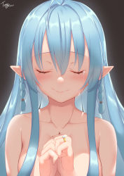 Rule 34 | 1girl, :&gt;, absurdres, ahoge, blush, braid, breasts, cleavage, closed eyes, closed mouth, collarbone, convenient censoring, crying, dated, facing viewer, grey background, hair censor, hair over breasts, hands up, happy tears, highres, jewelry, long hair, medium breasts, nude, original, ornate ring, own hands together, ring, sidelocks, signature, simple background, smile, solo, straight hair, tears, twin braids, upper body, wedding ring, zhaofeng yinyue