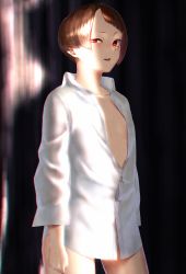 Rule 34 | 1girl, breasts, brown hair, collarbone, collared shirt, commentary request, cowboy shot, dress shirt, fuurin sou, highres, indoors, long sleeves, looking at viewer, naked shirt, original, parted lips, red eyes, shade, shirt, short hair, small breasts, solo, white shirt