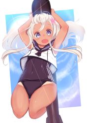 Rule 34 | 10s, 1girl, blonde hair, blue eyes, crop top, flower, hair flower, hair ornament, highres, kantai collection, long hair, open mouth, ro-500 (kancolle), school swimsuit, solo, swimsuit, swimsuit under clothes, tan, tanline, thighs, tongue, torpedo, wankoo-mikami