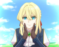 Rule 34 | 1girl, blonde hair, blue eyes, blue jacket, braid, closed mouth, commentary request, hair between eyes, hair ribbon, jacket, looking at viewer, red ribbon, ribbon, short hair, solo, ueyama michirou, violet evergarden, violet evergarden (series)