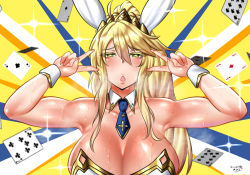 Rule 34 | 1girl, ahoge, animal ears, armpits, artoria pendragon (all), artoria pendragon (fate), artoria pendragon (swimsuit ruler) (fate), bare shoulders, blonde hair, blue background, blue necktie, blush, breasts, card, cleavage, cloire clover, detached collar, double v, emotional engine - full drive, fake animal ears, fate/grand order, fate (series), green eyes, hair between eyes, hands up, heart, heart-shaped pupils, highres, large breasts, leotard, long hair, looking at viewer, necktie, open mouth, parody, playboy bunny, playing card, ponytail, rabbit ears, rabbit girl, sidelocks, solo, sparkle, striped, striped background, sweat, symbol-shaped pupils, tiara, two-tone background, v, white leotard, wrist cuffs, yellow background