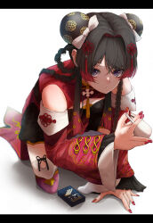 Rule 34 | 1girl, bare shoulders, black border, black hair, blue eyes, border, candy, china dress, chinese clothes, cigarette candy, dededeteiu, double bun, dress, food, full body, gradient hair, hair bun, highres, holding, holding food, long hair, looking at viewer, multicolored hair, nijisanji, orion (company), orion cocoa cigarettes, red dress, simple background, solo, squatting, tsukino mito, tsukino mito (china dress), two-tone hair, virtual youtuber, white background, wide sleeves