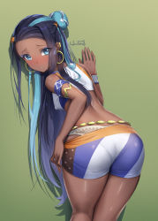 Rule 34 | 1girl, :o, arm strap, armlet, artist name, ass, bare shoulders, bike shorts, black hair, blue eyes, blue hair, blush, breasts, clothes pull, covered erect nipples, cowboy shot, creatures (company), crop top, dark-skinned female, dark skin, earrings, forehead, from behind, game freak, green background, gym leader, hair ornament, hairclip, haneru, highres, hoop earrings, jewelry, leaning forward, long hair, looking at viewer, looking back, nessa (pokemon), nintendo, panties, pantylines, parted lips, pokemon, pokemon swsh, shorts, shorts pull, simple background, small breasts, solo, sweatband, thighs, underwear, white panties