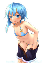 Rule 34 | 1girl, ass, asymmetrical hair, belt, bikini, black shorts, blue bikini, blue eyes, blue hair, brown belt, butt crack, crescent, crescent pin, fang, feet out of frame, flat chest, frilled shorts, frills, kantai collection, leaning forward, looking at viewer, minazuki (kancolle), one-hour drawing challenge, ray.s, short hair with long locks, shorts, simple background, skin fang, solo, swimsuit, undressing, white background
