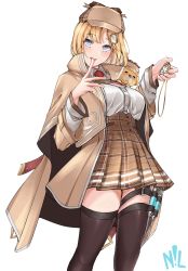 Rule 34 | 1girl, absurdres, artist name, black thighhighs, blonde hair, blue eyes, blush, breasts, brown jacket, collared shirt, commentary, dress shirt, hair ornament, high-waist skirt, highres, holding, hololive, hololive english, jacket, large breasts, long sleeves, necktie, nillith, open mouth, plaid, plaid skirt, pleated skirt, pocket watch, red necktie, shirt, shirt tucked in, short necktie, simple background, skirt, smile, solo, syringe, thighhighs, virtual youtuber, watch, watson amelia, watson amelia (1st costume), white background, zettai ryouiki