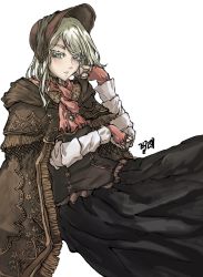 Rule 34 | 1girl, bad id, bad pixiv id, bloodborne, doll, doll joints, gem, goth fashion, green eyes, hand on own cheek, hand on own face, headdress, highres, joints, plain doll, rusellunt, scarf, solo, swept bangs, white background, white hair