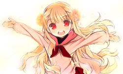 Rule 34 | 1girl, :d, ascot, blonde hair, flower, hair flower, hair ornament, head tilt, kurasuke, long hair, long sleeves, looking at viewer, open mouth, original, outstretched arms, pink shirt, red ascot, red eyes, shirt, simple background, sketch, smile, solo, spread arms, teeth, upper body, upper teeth only, very long hair, white background