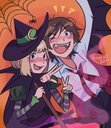 Rule 34 | 2girls, alternate costume, asagao to kase-san, blonde hair, blush, brown hair, collared shirt, couple, halloween, happy, hat, highres, kase tomoka, multiple girls, necktie, one eye closed, open mouth, shirt, simple background, smile, therumano, witch, witch hat, yamada yui, yuri