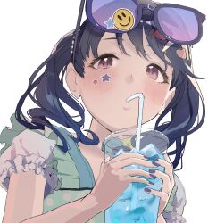 Rule 34 | 1girl, absurdres, black hair, blush, commentary request, cup, disposable cup, drink, drinking, drinking straw, eyewear on head, facial mark, fukumaru koito, hair ornament, highres, idolmaster, idolmaster shiny colors, long hair, nail polish, one-piece swimsuit, portrait, purple eyes, purple nails, solo, sunglasses, swimsuit, twintails, uouokuma, upper body