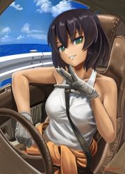 Rule 34 | 10s, 1girl, abazu-red, between breasts, breasts, brown hair, car interior, clothes pull, cloud, cloudy sky, commentary, dark-skinned female, dark skin, day, driving, girls und panzer, gloves, green eyes, grin, highres, hoshino (girls und panzer), jumpsuit, long sleeves, looking at viewer, mechanic, shirt, shirt pull, short hair, sitting, sky, smile, solo, strap between breasts, tank top, tied shirt, white gloves, white shirt