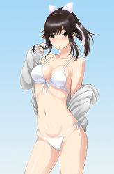Rule 34 | 1girl, bare shoulders, bikini, black eyes, black hair, blush, breasts, collarbone, cowboy shot, isse, jacket, light smile, long hair, looking at viewer, love plus, medium breasts, navel, open clothes, outline, ponytail, ribbon, simple background, smile, solo, swimsuit, takane manaka, white bikini, white outline