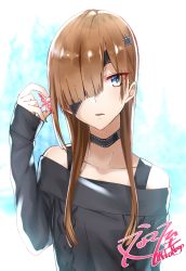 Rule 34 | 1girl, black sweater, blue eyes, brown hair, choker, collarbone, eyepatch, fate/grand order, fate (series), hair over one eye, highres, holding, long hair, looking at viewer, nakoya (nane cat), off-shoulder shirt, ophelia phamrsolone, parted lips, shirt, signature, solo, sweater, upper body, white background