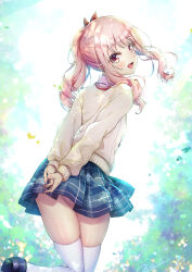 Rule 34 | 1other, :d, akiyama mizuki, androgynous, arms behind back, ass, blurry, blurry background, cardigan, from behind, hair ribbon, highres, long hair, long sleeves, looking at viewer, looking back, miniskirt, novady, open mouth, outdoors, pink eyes, pink hair, plaid, plaid skirt, pleated skirt, ponytail, project sekai, ribbon, school uniform, sidelocks, skirt, smile, solo, thighhighs