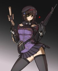 Rule 34 | 1girl, 416 day, absurdres, assault rifle, bad id, bad twitter id, beret, cheogtanbyeong, cosplay, cross, dual wielding, eyepatch, girls&#039; frontline, gun, h&amp;k hk416, hat, highres, hk416 (girls&#039; frontline), hk416 (girls&#039; frontline) (cosplay), holding, holding gun, holding weapon, iron cross, m16, m16a1, m16a1 (girls&#039; frontline), pleated skirt, rifle, short hair, skirt, solo, thighhighs, weapon