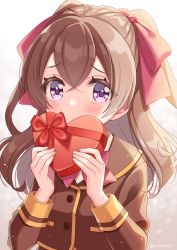 Rule 34 | 1girl, blazer, box, brown background, brown hair, brown jacket, brown sailor collar, candy, chocolate, chocolate heart, delicious party precure, food, gift, gift box, gradient background, hair between eyes, hair ribbon, heart, heart-shaped box, highres, jacket, long hair, looking at viewer, nagomi yui, precure, purple eyes, red ribbon, ribbon, sailor collar, school uniform, solo, twintails, twitter username, upper body, valentine, yukinko (yukiwork)