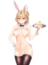 Rule 34 | 1girl, absurdres, animal ears, black thighhighs, blonde hair, breasts, cake, cleft of venus, commission, dungeon and fighter, fake animal ears, food, hair between eyes, hairband, hand on own hip, highres, large breasts, looking at viewer, navel, nipples, pussy, rabbit ears, rabbit tail, red eyes, second-party source, short hair, skulllee, smile, solo, tail, thighhighs, transparent background, tray, uncensored, wrist cuffs